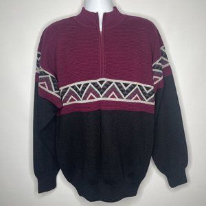 Vintage 90s OSSI Ribbed Burgundy Black Colorblock Geo 1/2 Zip Sweater